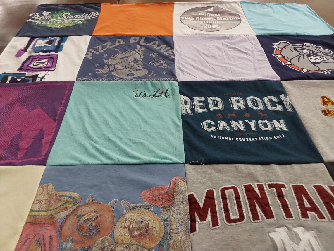 T-shirt quilt with conservation, outdoors themes by Shelley from WA