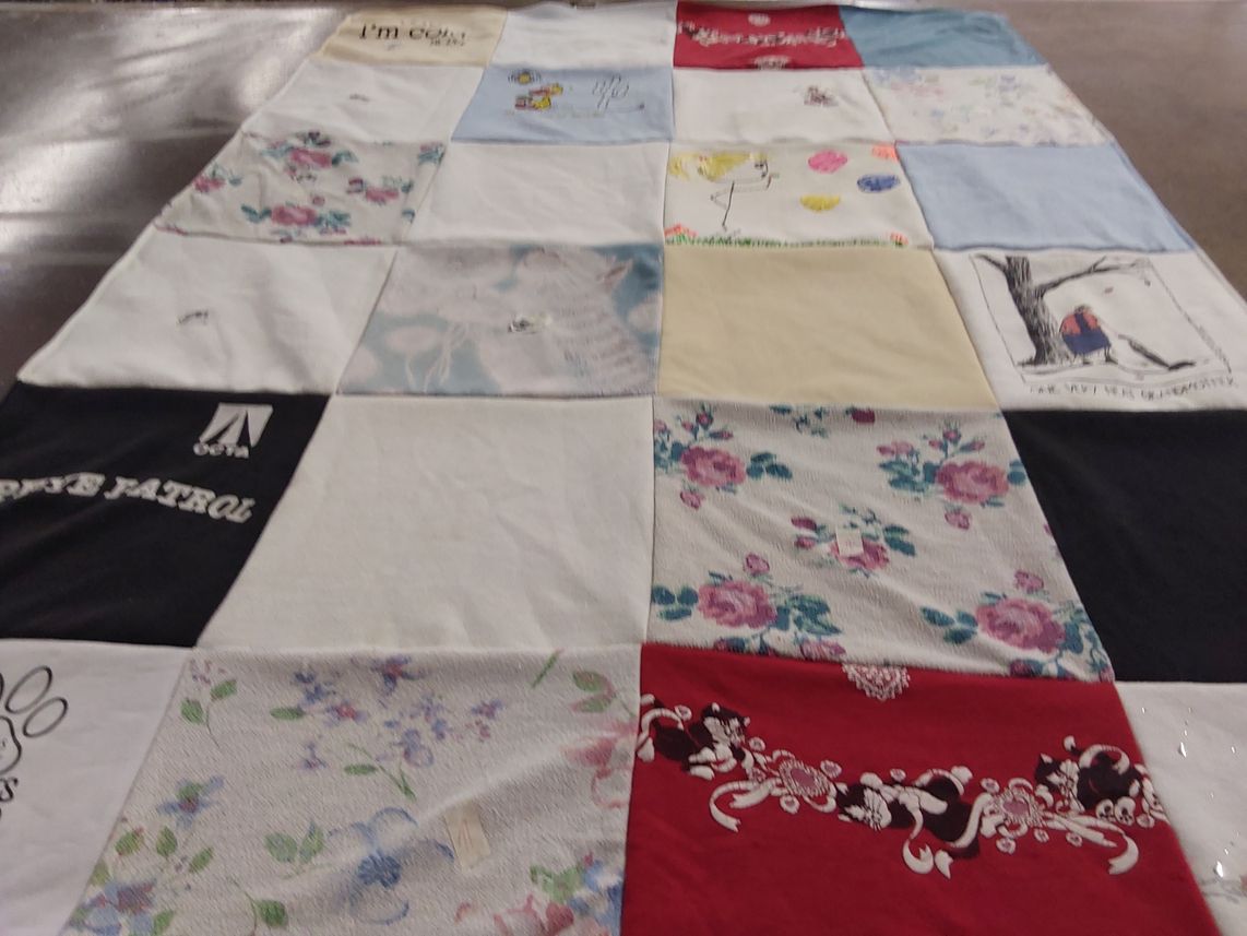 T-shirt quilt with pets, art themes by Sharon from CA