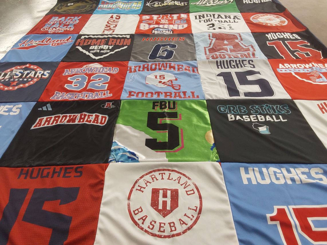 T-shirt quilt featuring grb stiks baseball, arrowhead basketball by Bettina from WI