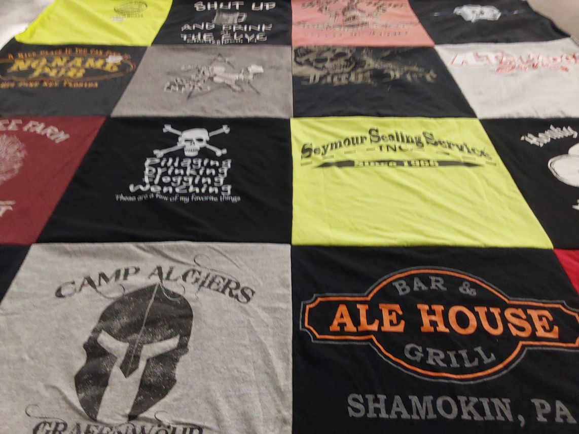T-shirt quilt with camping, cooking themes by Kimberley from CT
