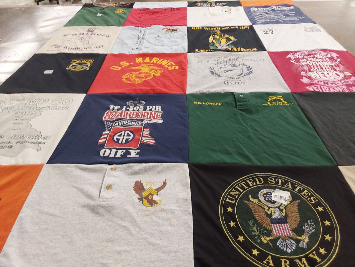 T-shirt quilt with military, veterans themes by Mary from IN