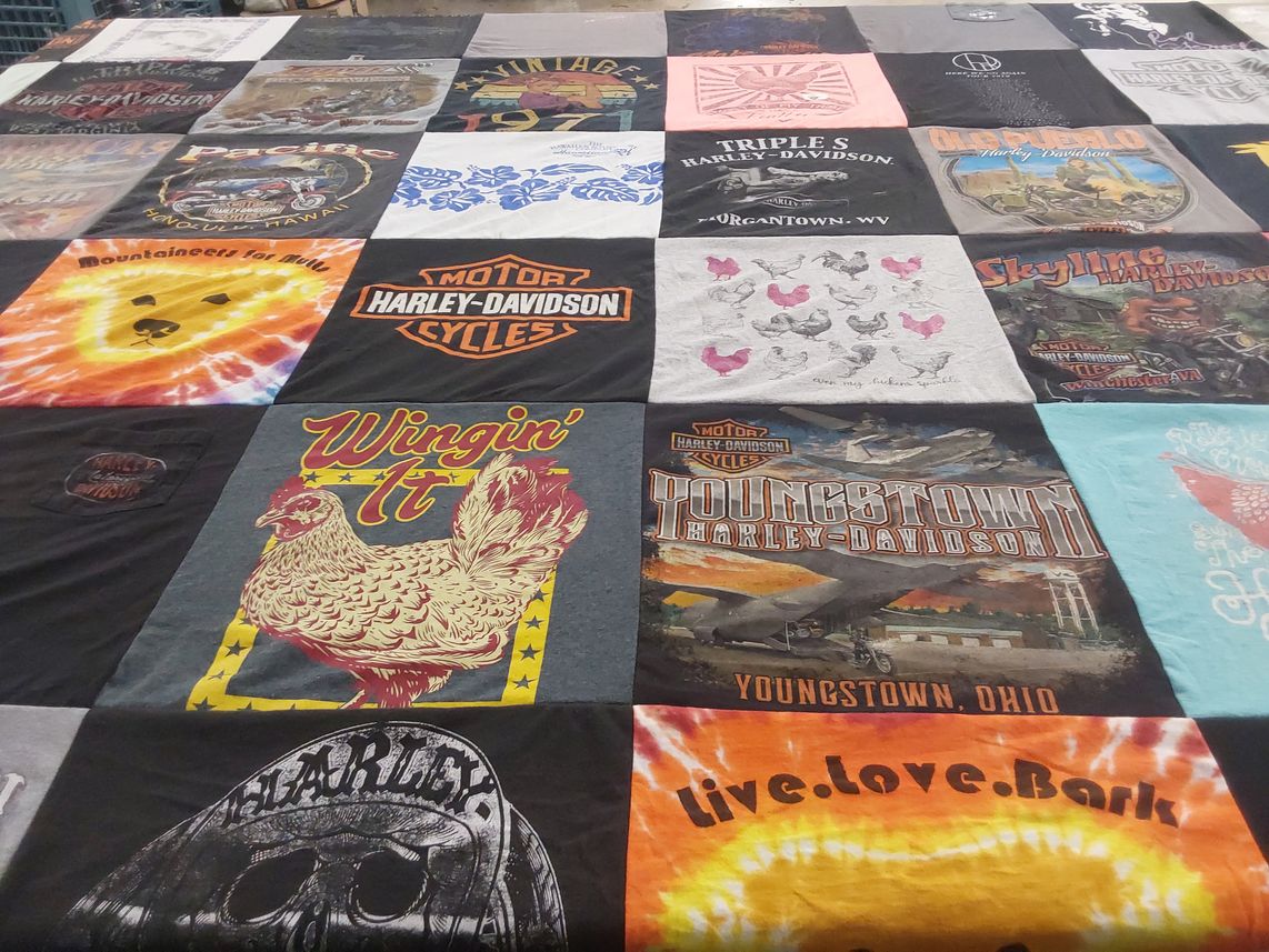 T-shirt quilt with motorcycles, harley-davidson themes by Kelly from WV