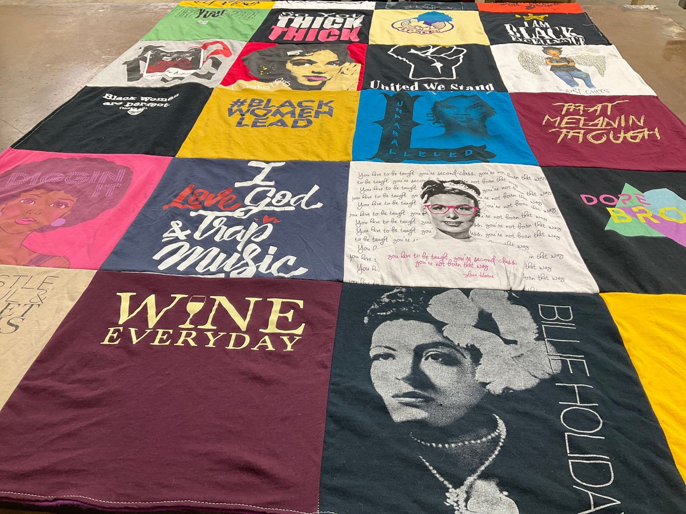 T-shirt quilt with music, wine themes by Kassie from AL