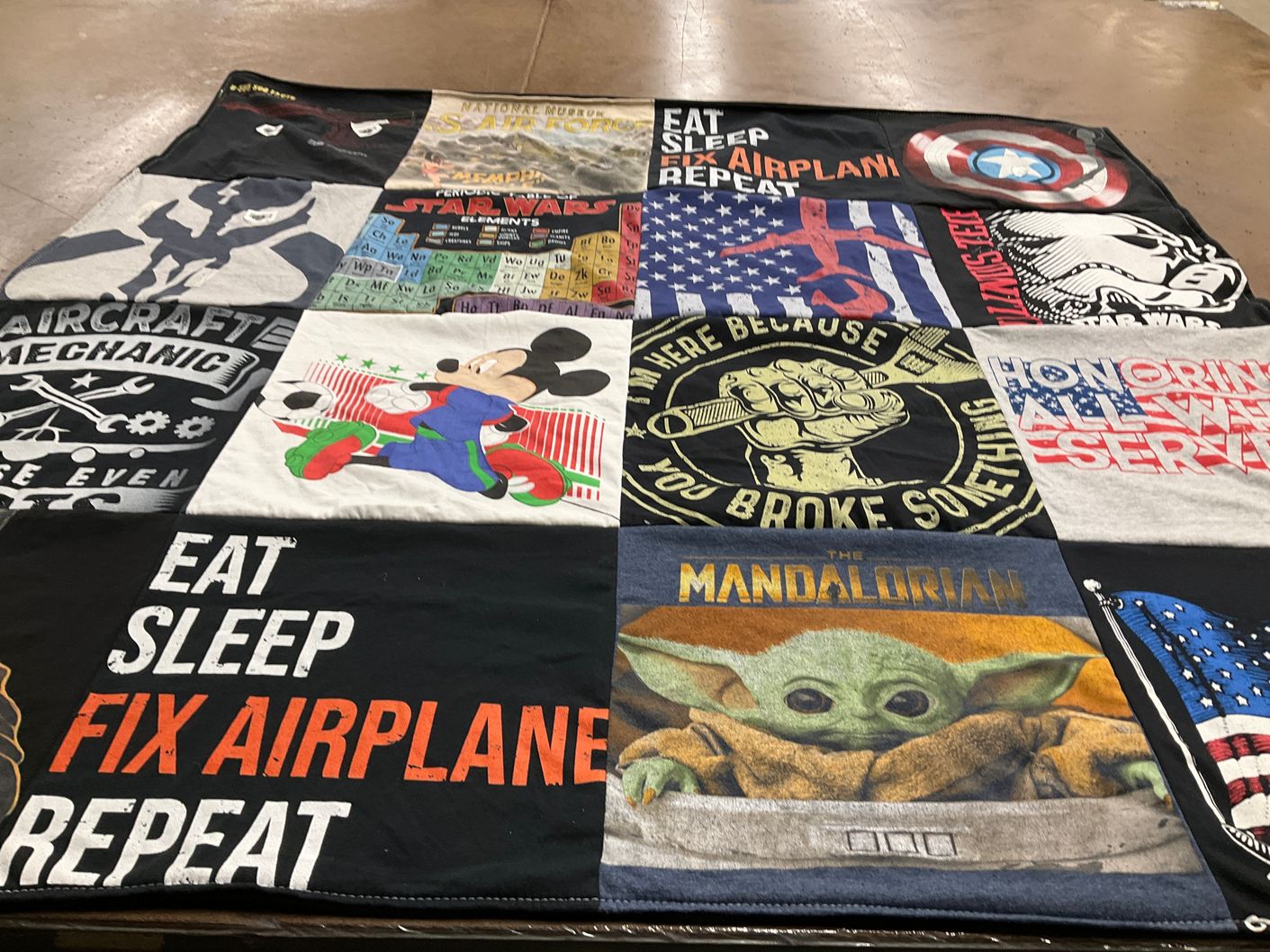 T-shirt quilt with aviation, star wars themes by Daiena from IL