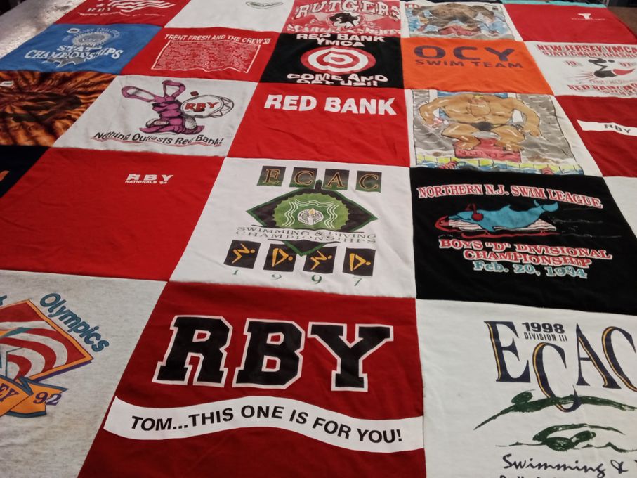 T-shirt quilt featuring red bank ymca swim team, ocy swim team by Michelle from NJ