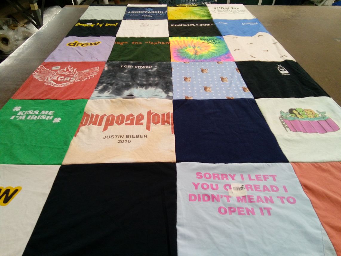 T-shirt quilt with music, travel themes by Jenna from NY