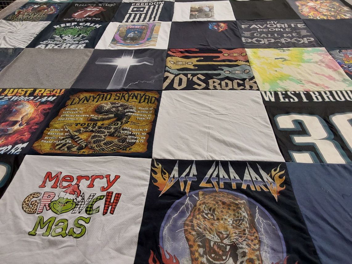 T-shirt quilt with music, rock themes by Deborah from NJ