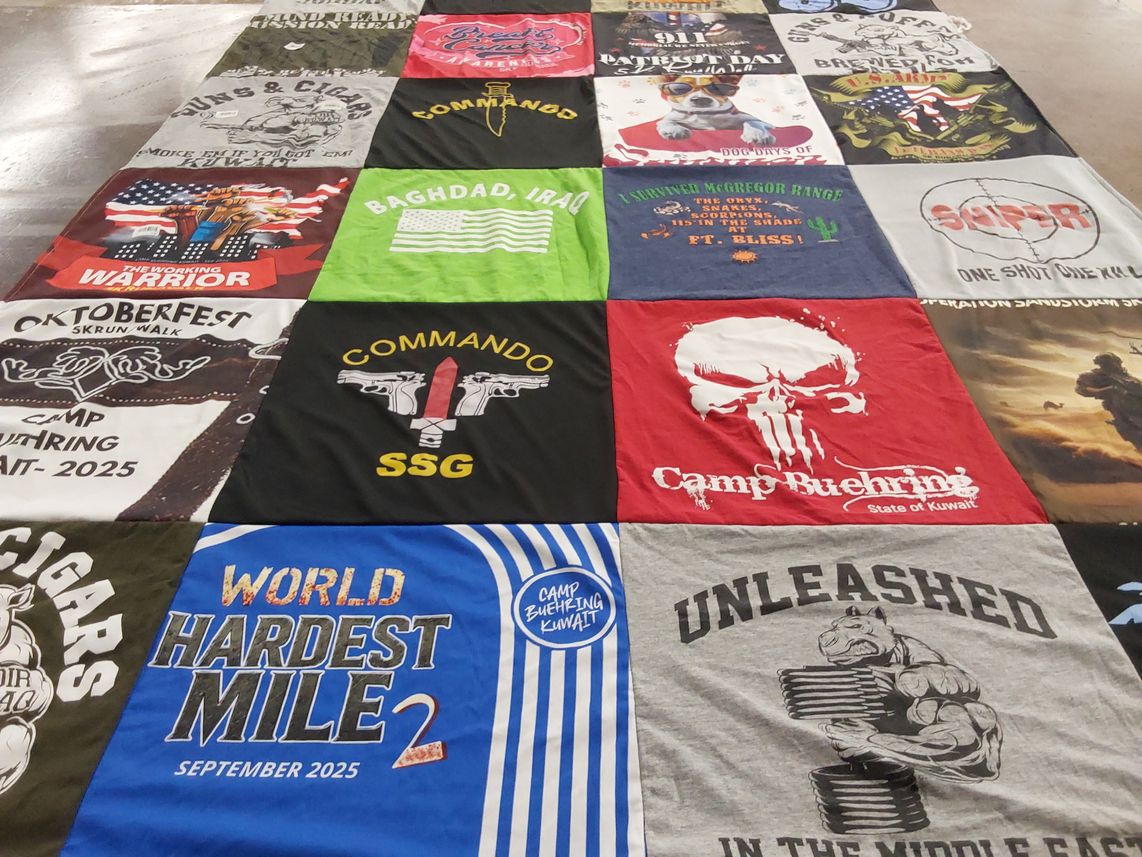 T-shirt quilt with military, running themes by Wesley from WI
