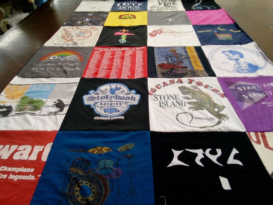 T-shirt quilt with brewing, music themes by Liz from WA