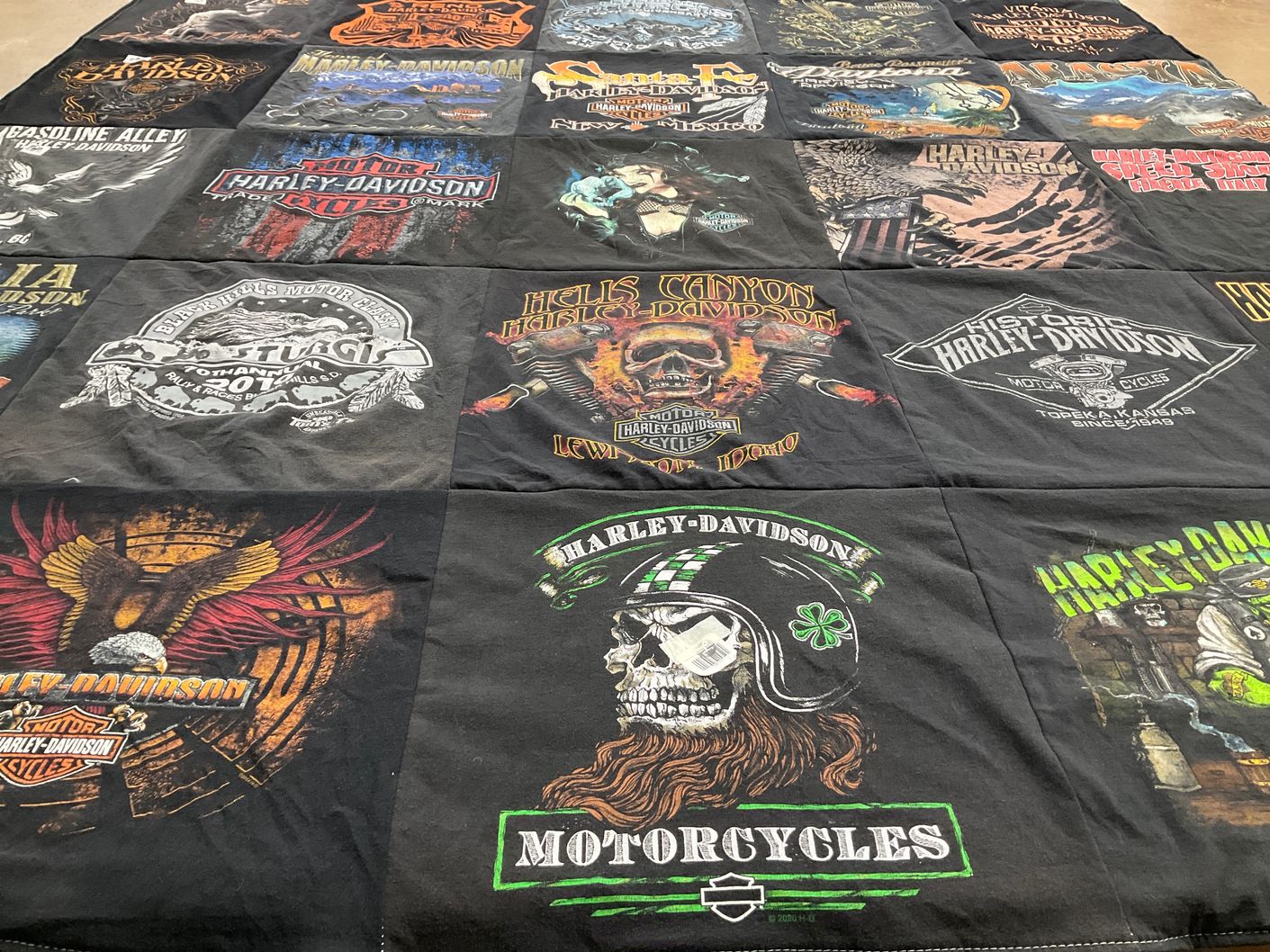 T-shirt quilt with motorcycles, biking themes by Cynthia from OR