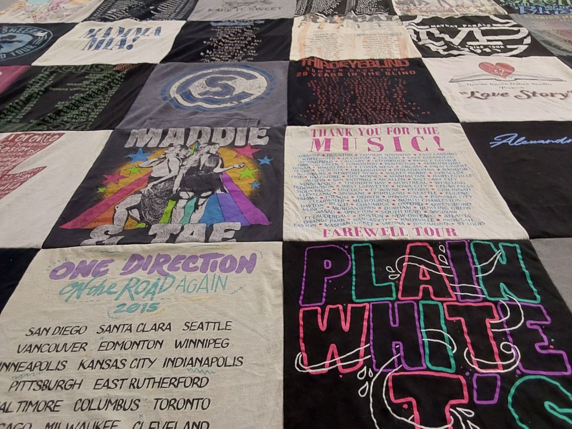 T-shirt quilt with music, concerts themes by Margaret from ME