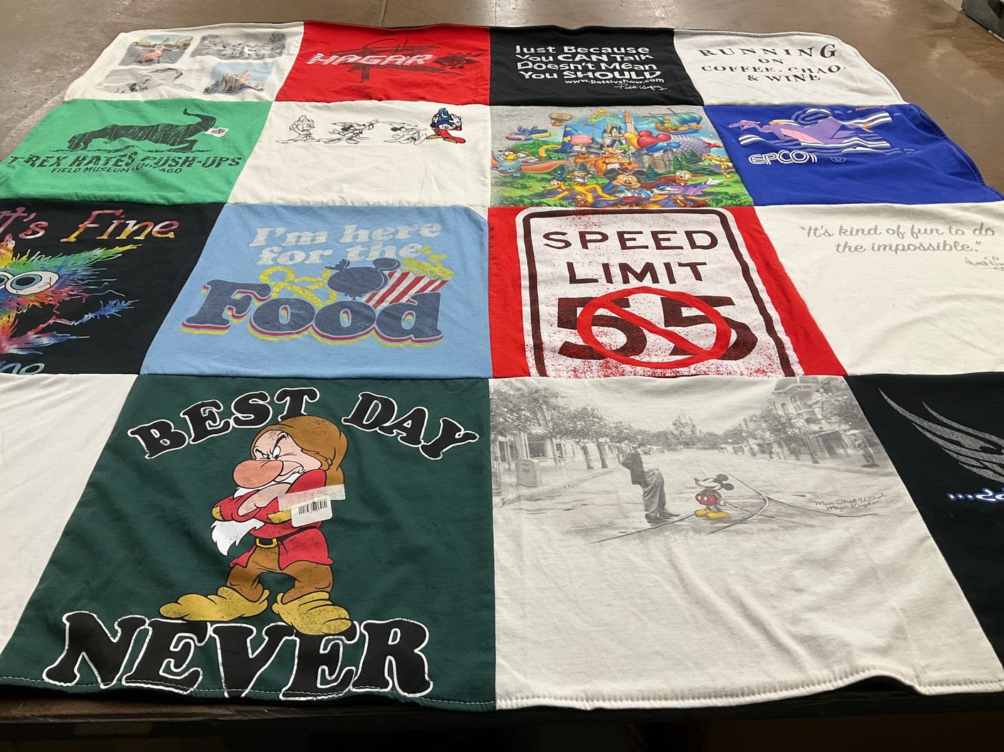 T-shirt quilt with food, disney themes by Patti from FL