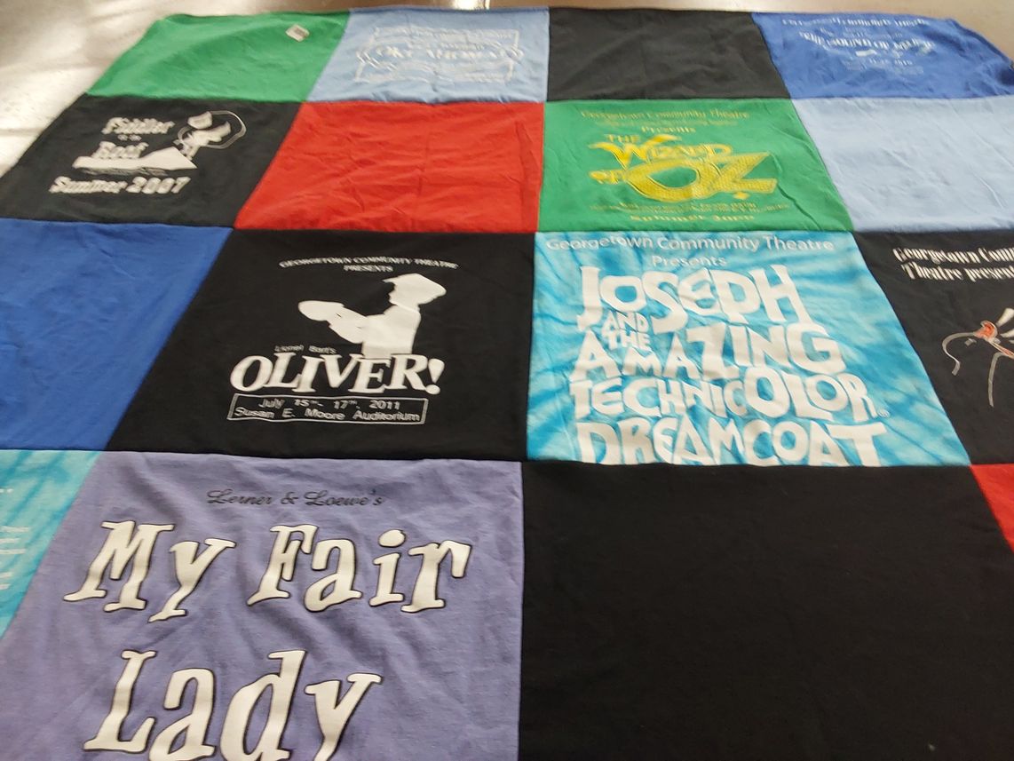 T-shirt quilt with theatre, musicals themes by Nina from KY