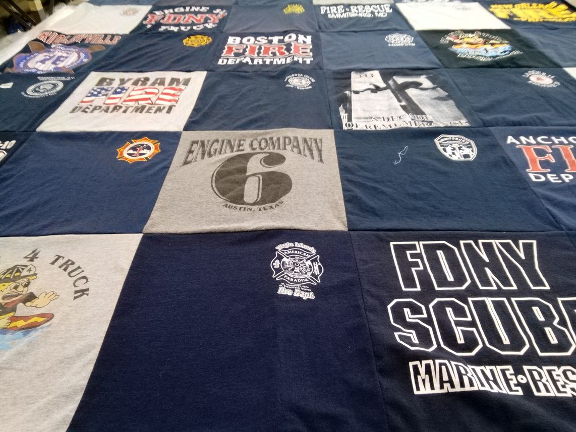 T-shirt quilt with firefighting, emergency services themes by Nick from MS