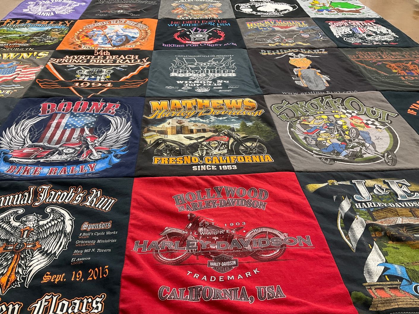 T-shirt quilt with motorcycles, biking themes by Pamela from NC