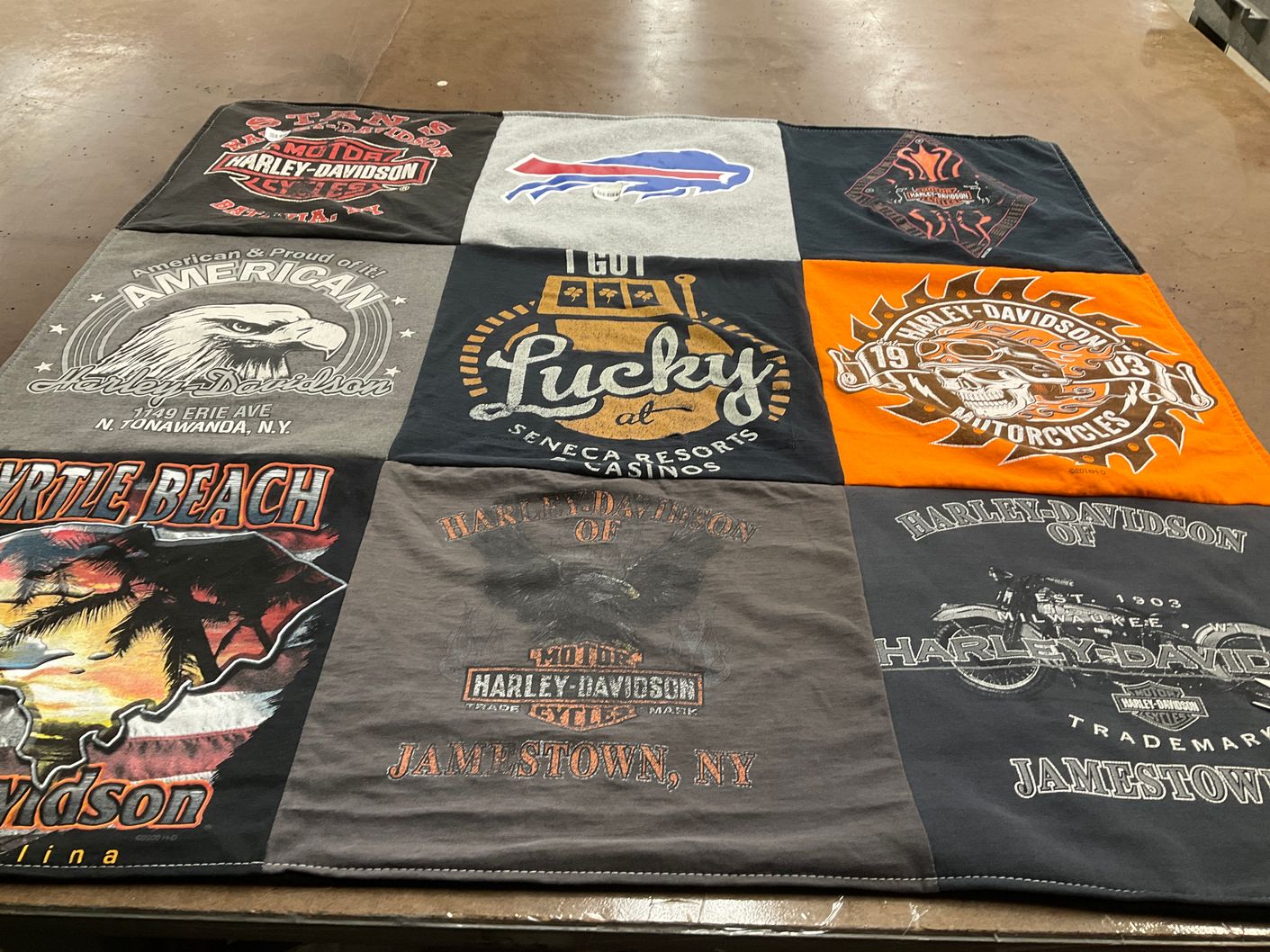 T-shirt quilt with motorcycles, travel themes by Jennifer from NY