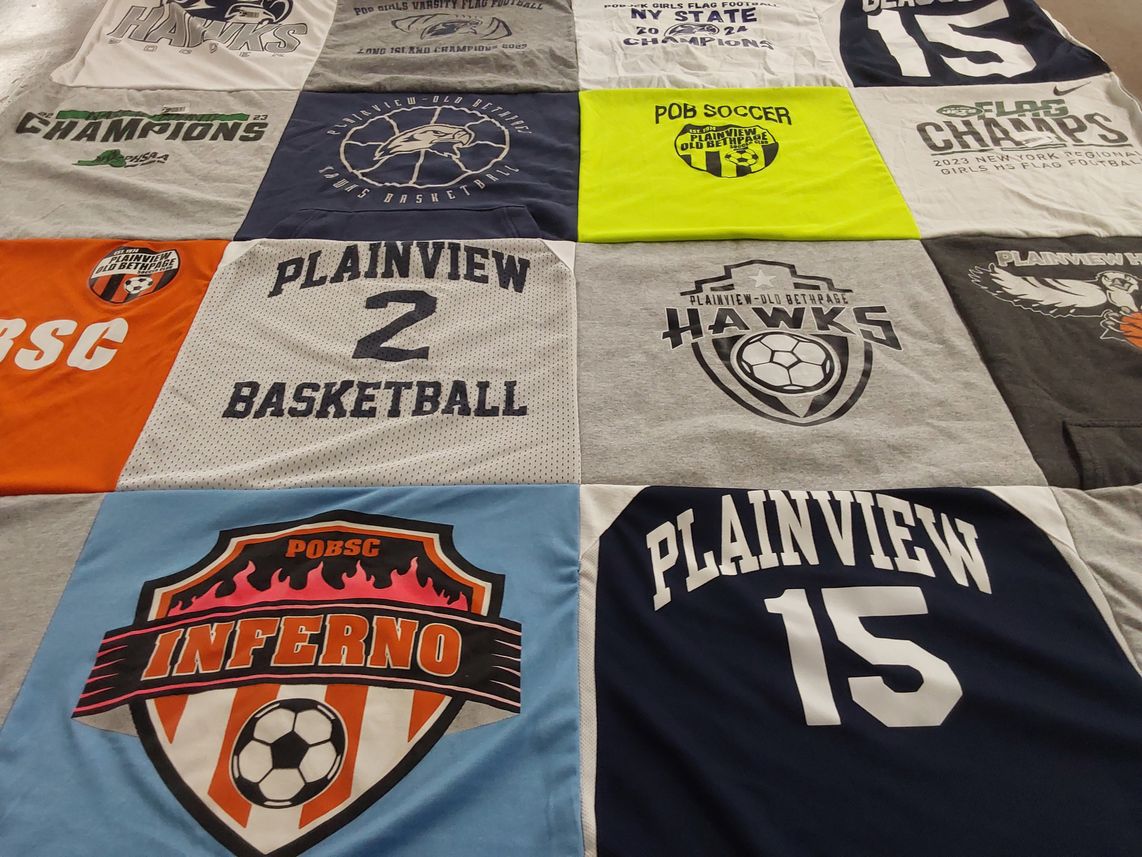 T-shirt quilt featuring plainview-old bethpage middle school boys soccer, plainview-old bethpage middle school basketball by Lauren from NY