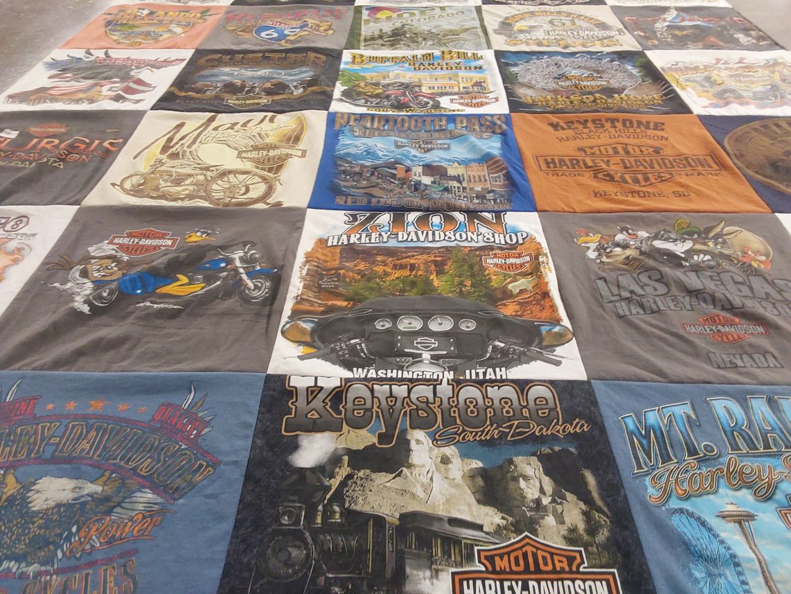 T-shirt quilt with motorcycles, travel themes by Steven from CA