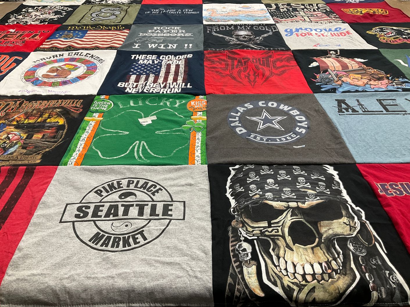 T-shirt quilt with pirates, sports themes by Marsha from OK