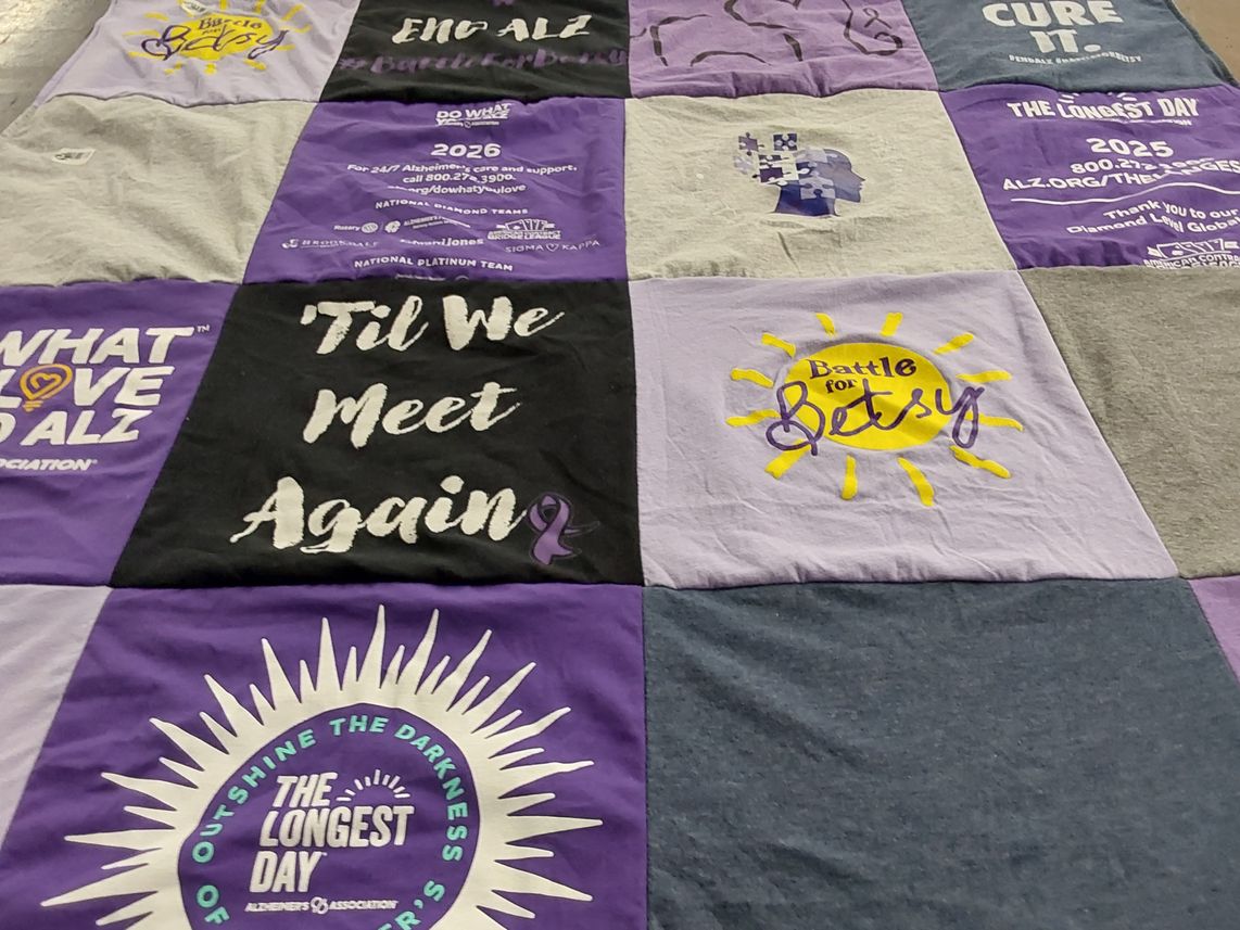 T-shirt quilt with alzheimers, support themes by Kari from IA