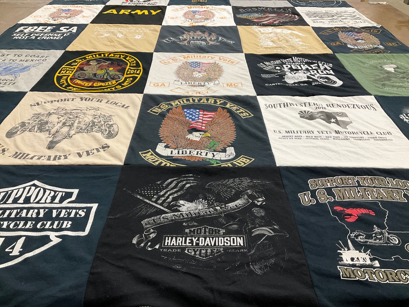 T-shirt quilt with motorcycling, veteran support themes by Elliott from GA