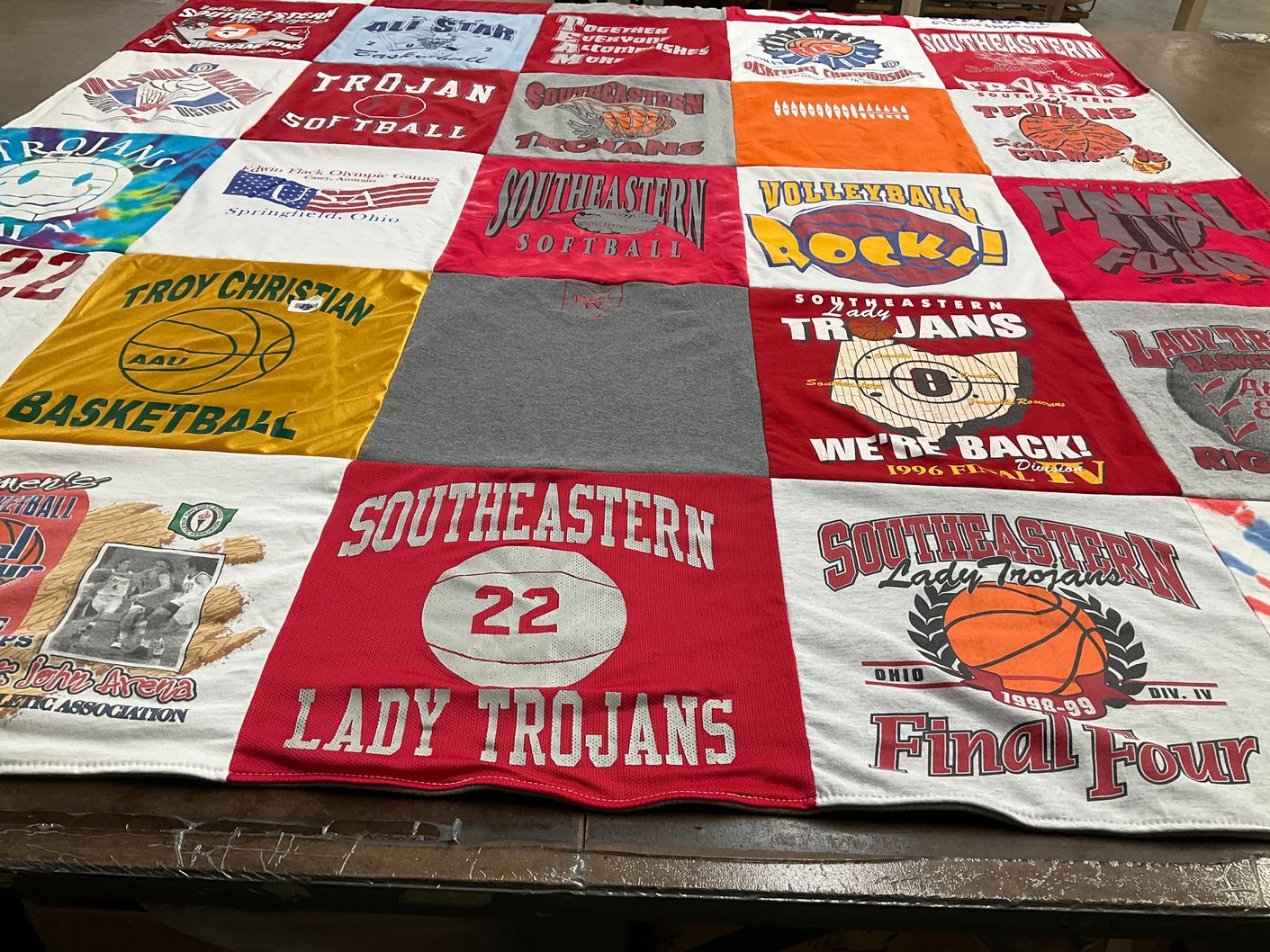 T-shirt quilt featuring southeastern lady trojans, southeastern trojans by Erica from OH