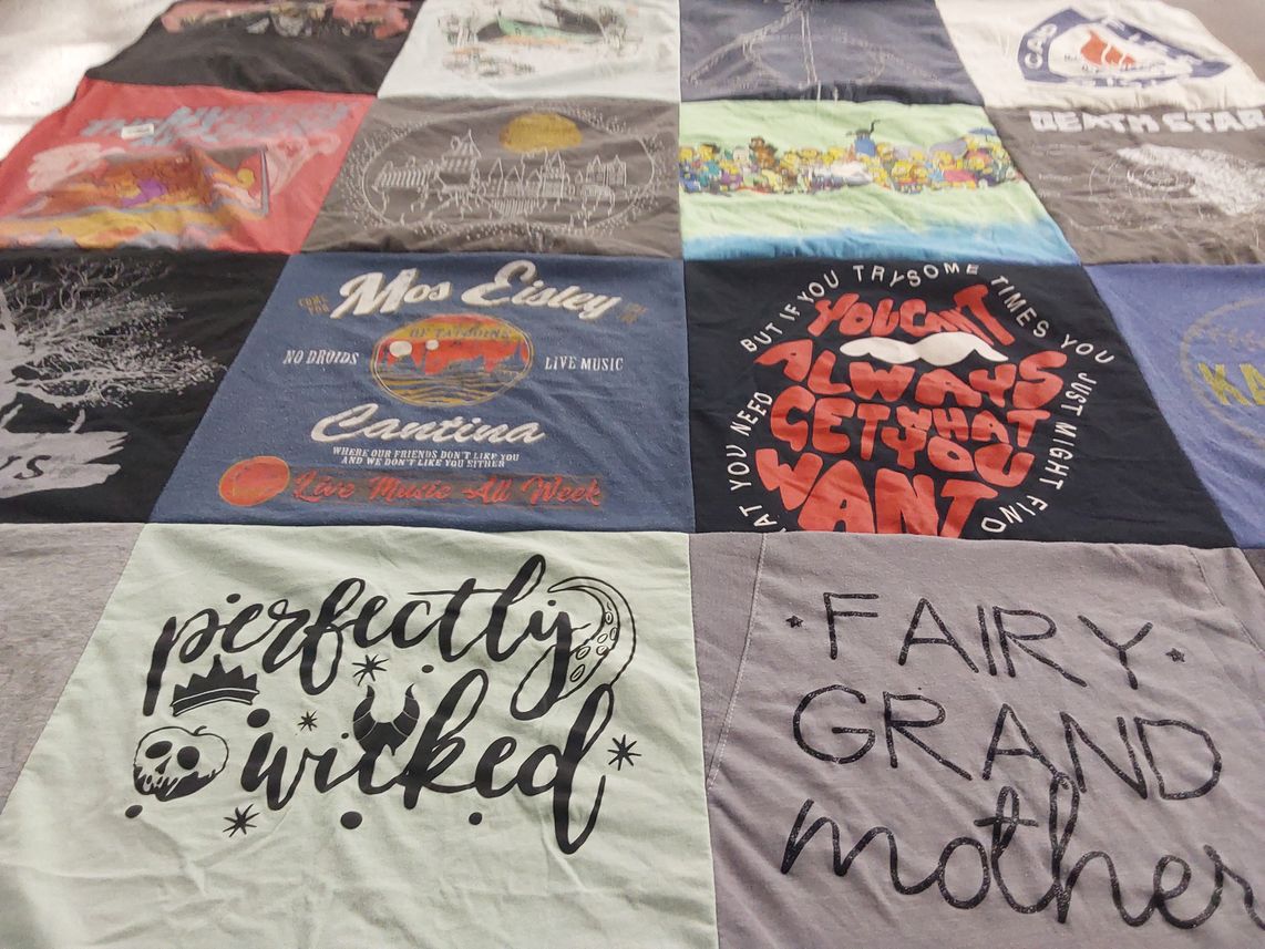 T-shirt quilt with music, star wars themes by Kaitlynn from MO