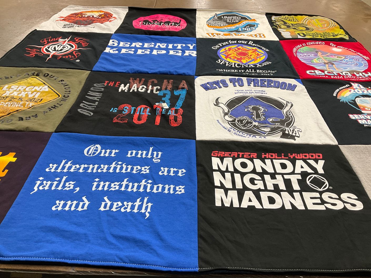 T-shirt quilt with recovery, support groups themes by Lydia from CA