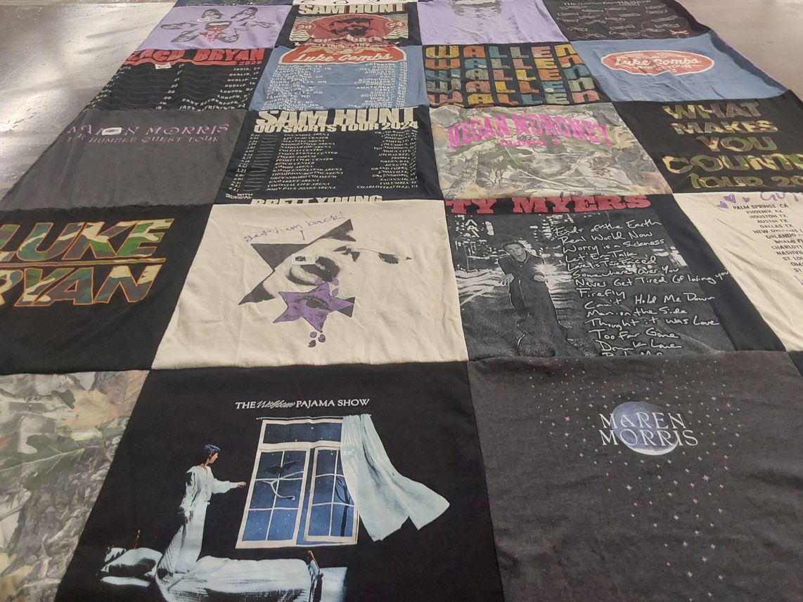T-shirt quilt with country music, concerts themes by Amy from PA