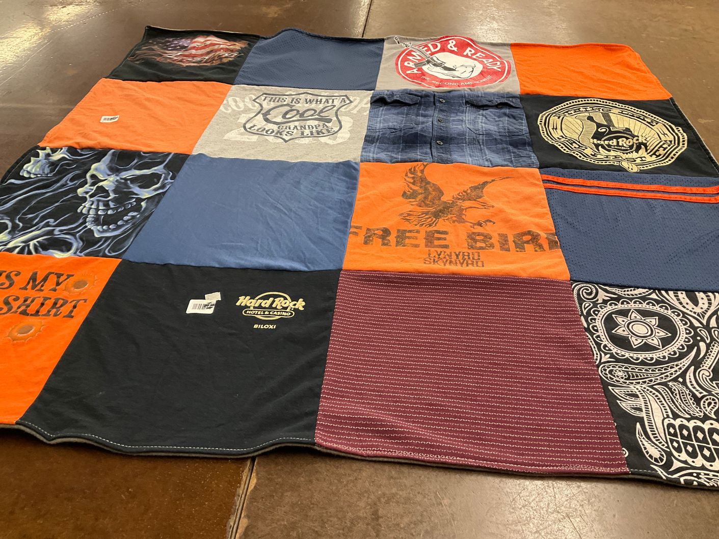 T-shirt quilt with music, motorcycles themes by Katie from MO