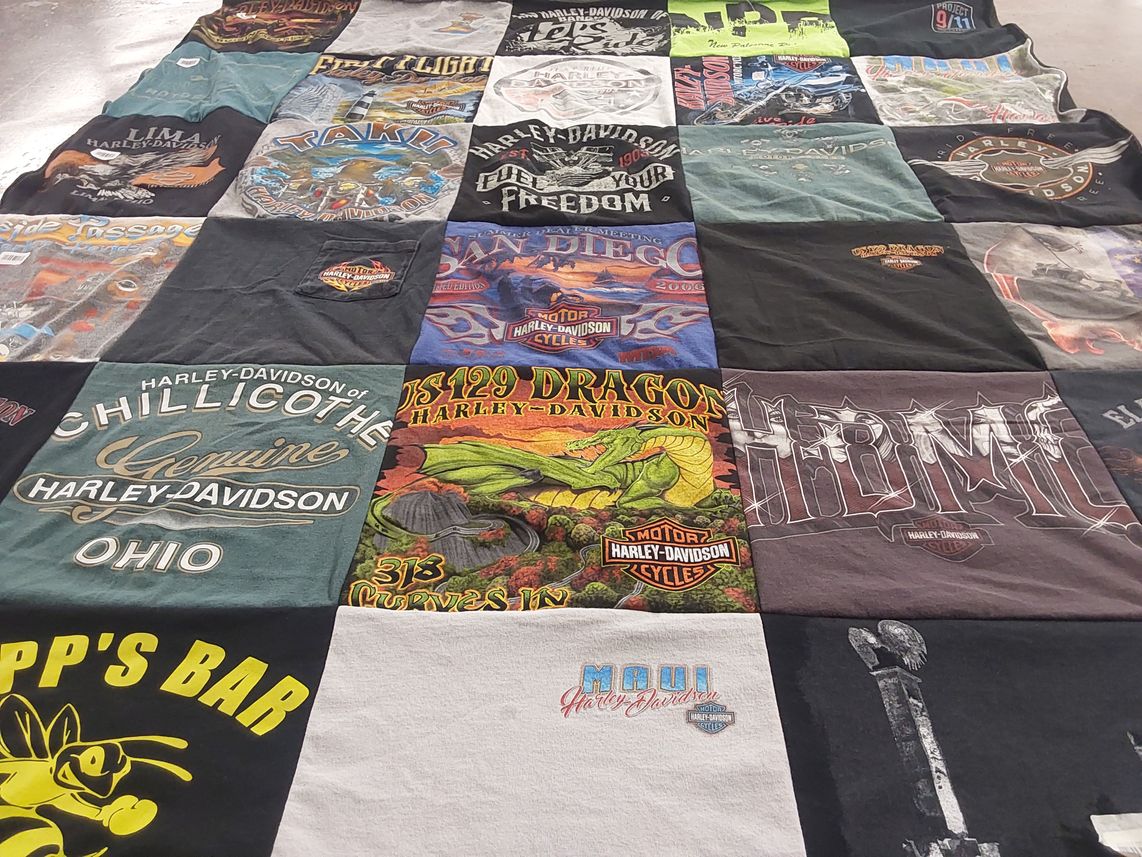 T-shirt quilt with motorcycles, biking themes by Jennifer from IN