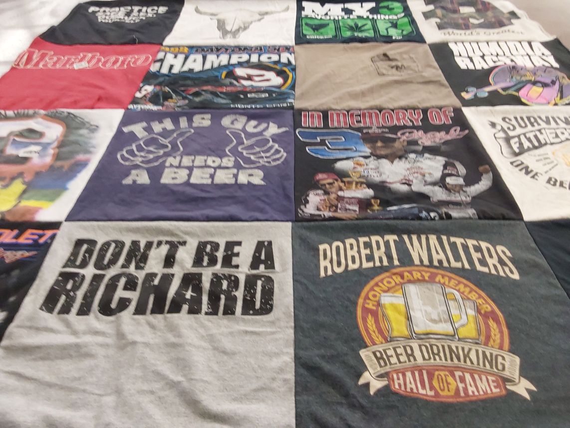 T-shirt quilt with beer, racing themes by Kristi from PA