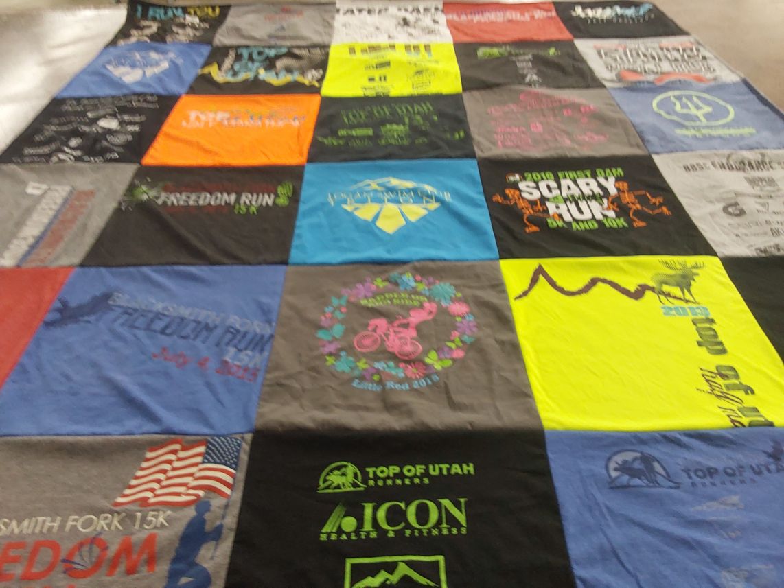 T-shirt quilt with running, fitness themes by Drew from UT