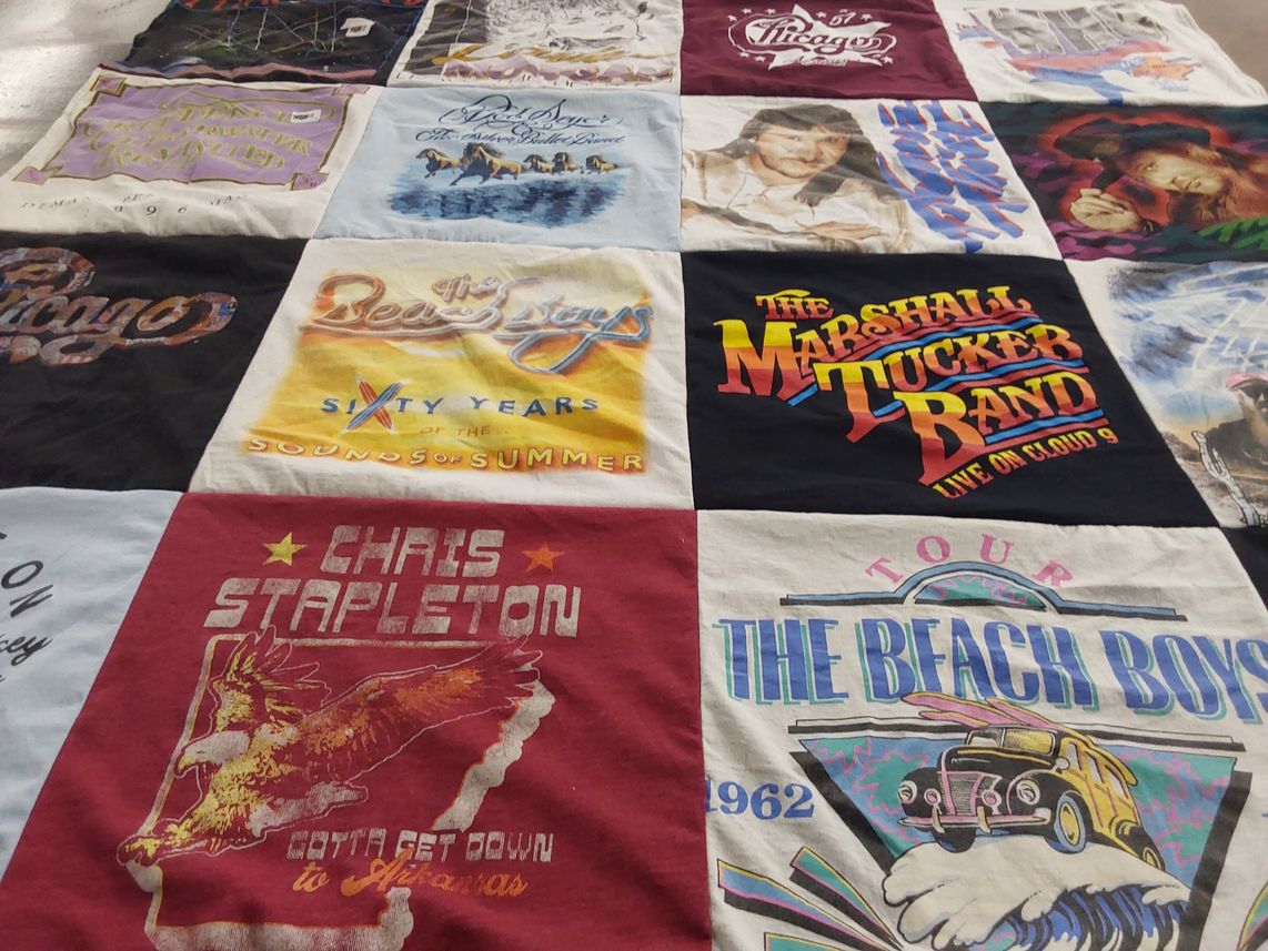 T-shirt quilt with music, rock themes by Barry from TX
