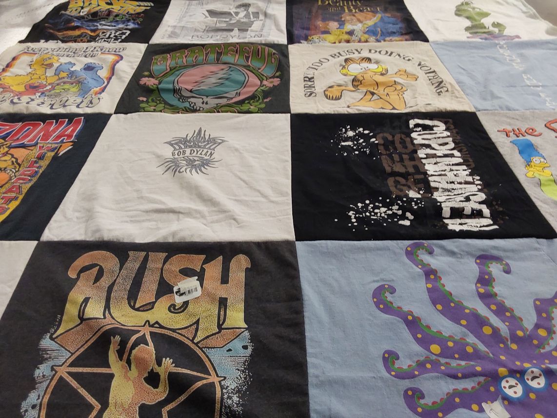 T-shirt quilt with music, art themes by Alice from FL