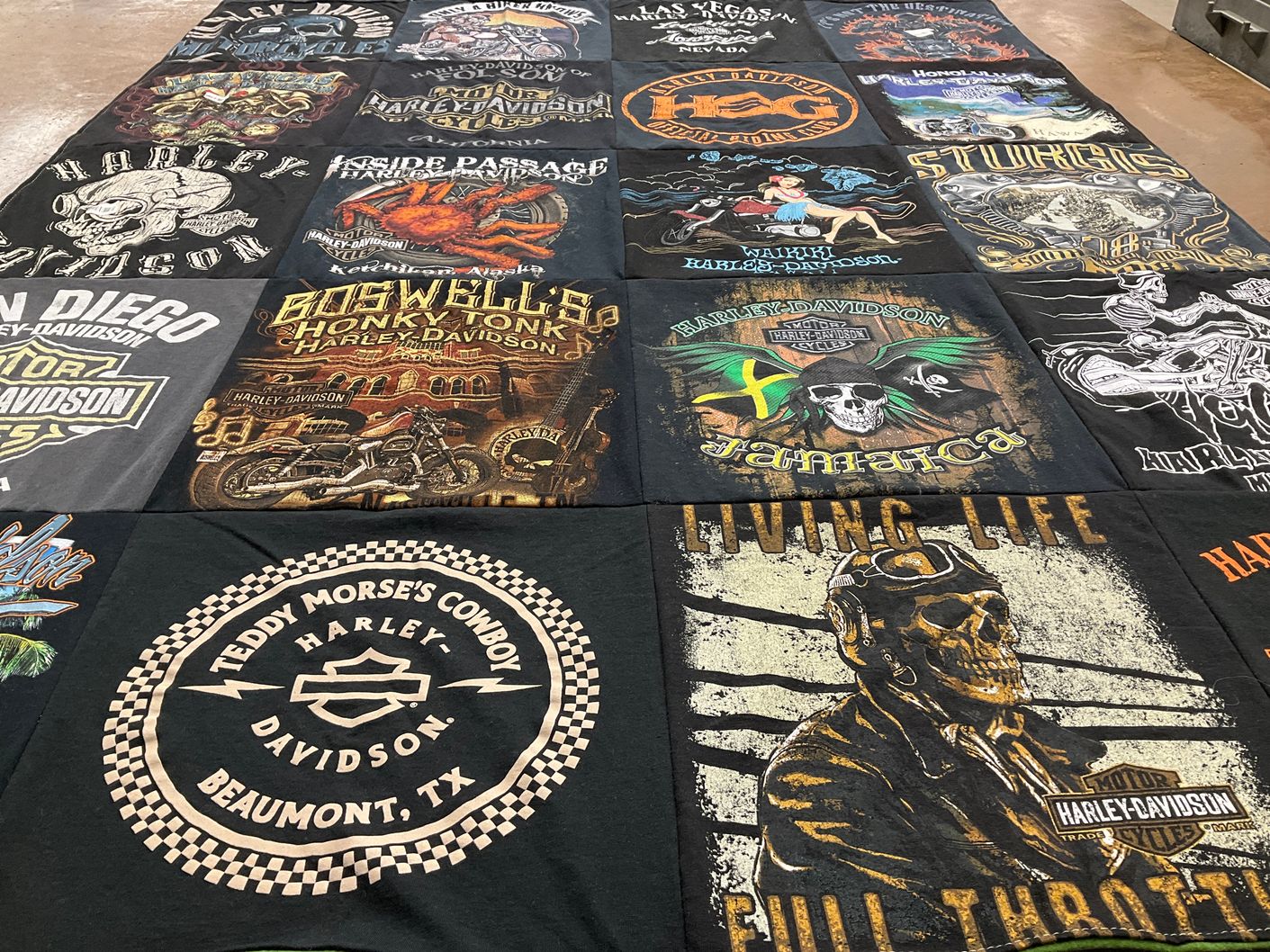T-shirt quilt with motorcycles, biker culture themes by Craig from OR