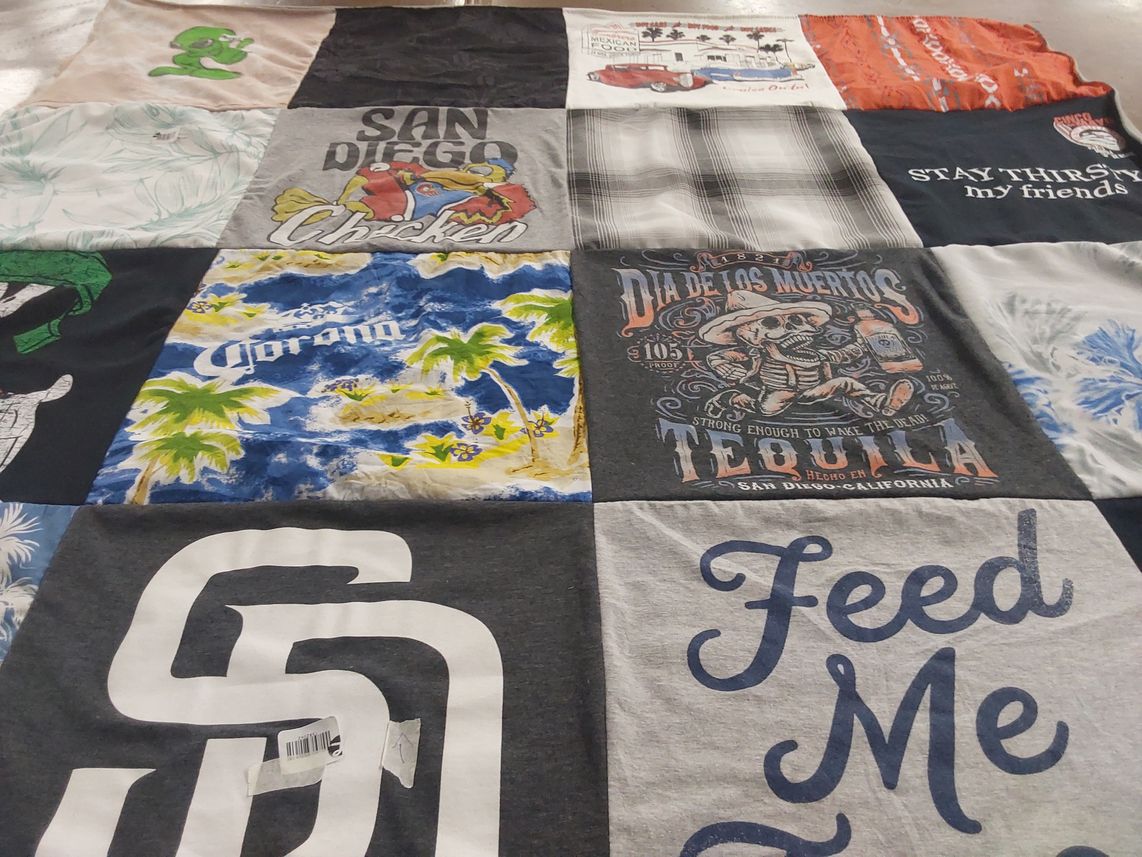 T-shirt quilt with food, beverages themes by Dustina from MD