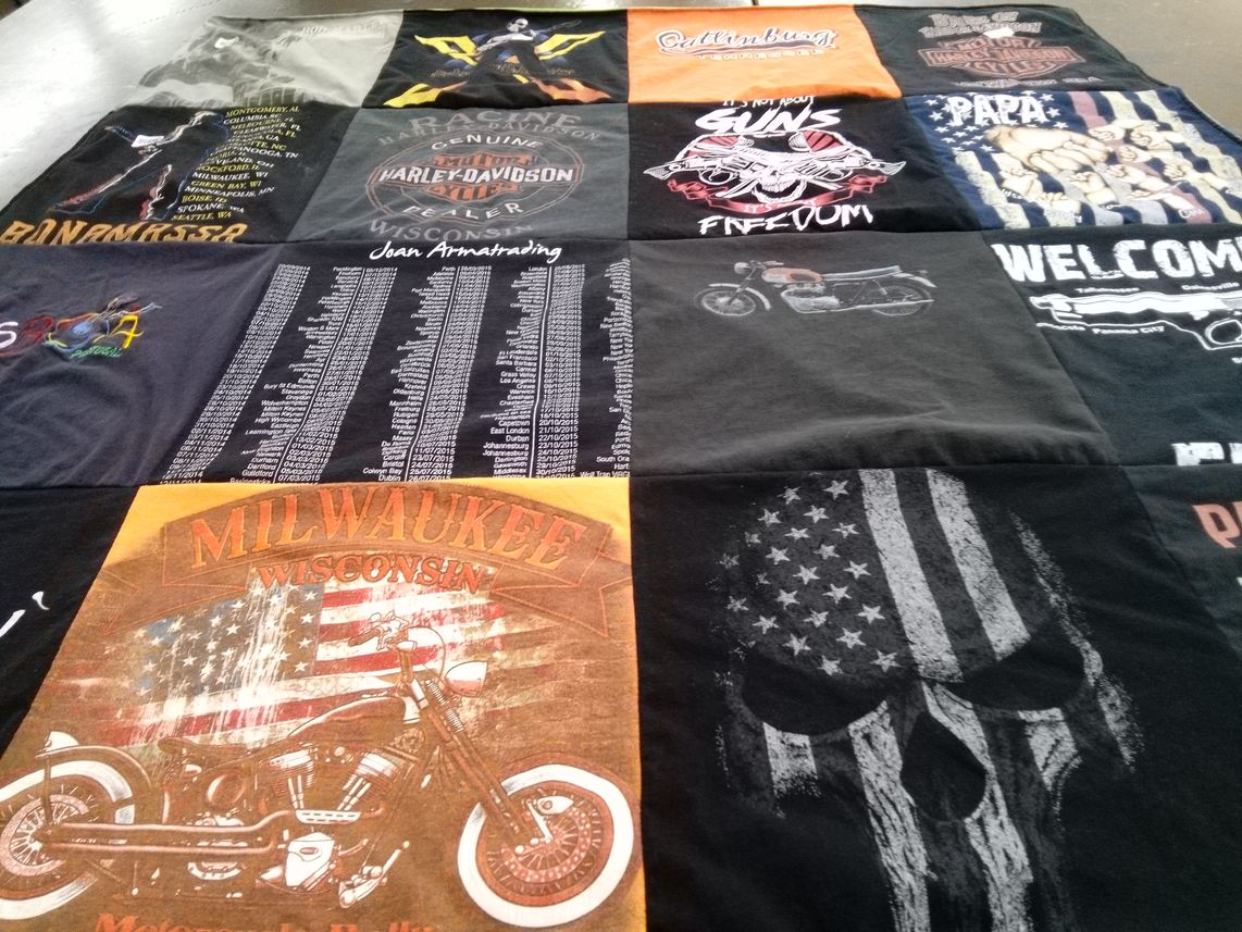 T-shirt quilt with motorcycles, guns themes by Colleen from WI