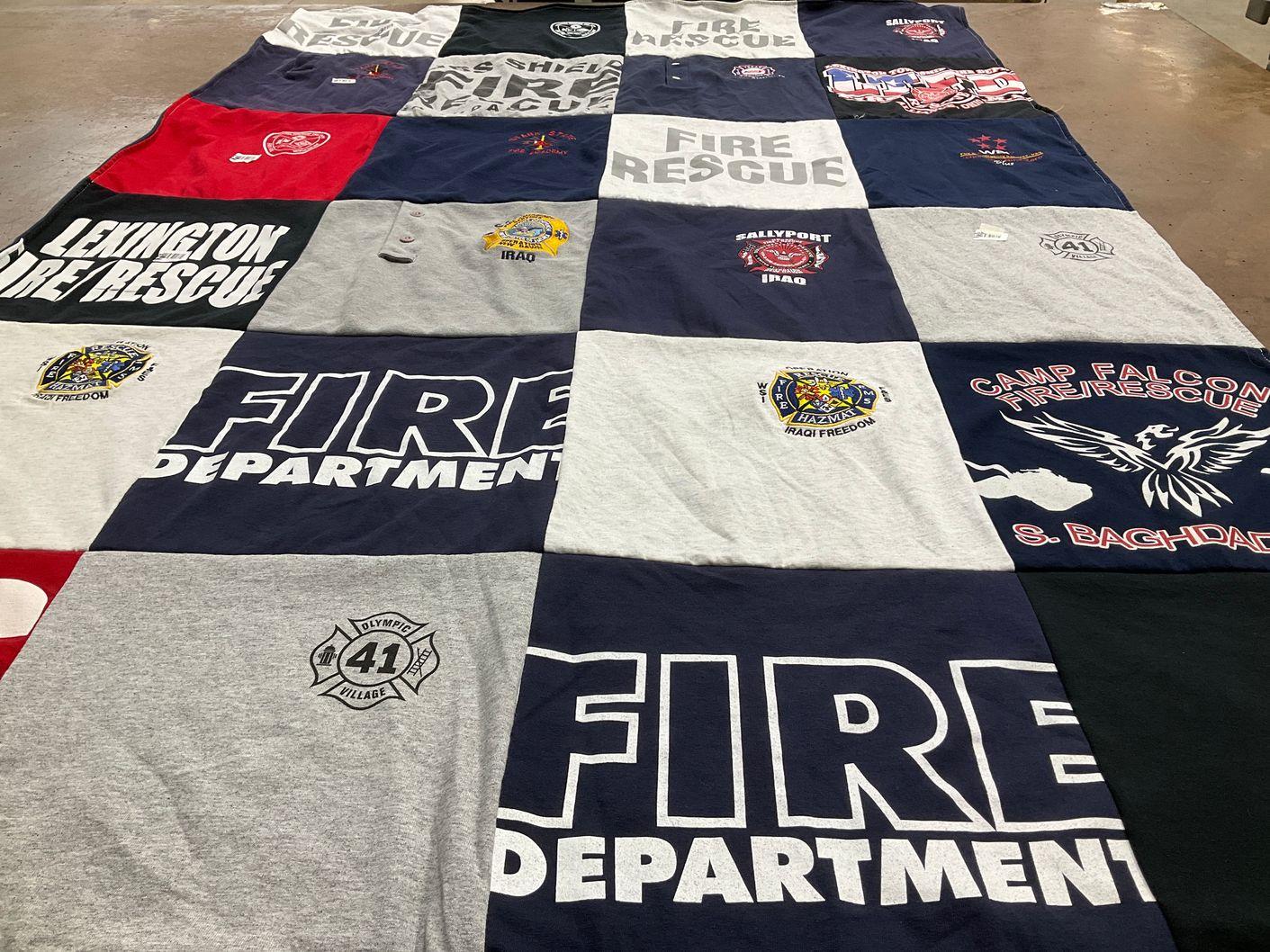 T-shirt quilt with firefighting, emergency services themes by Gary from OH