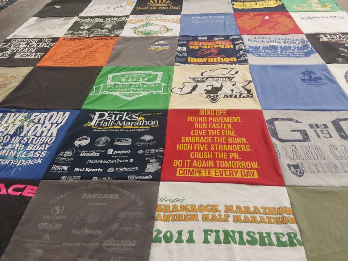 T-shirt quilt with running, marathons themes by Catherine from MD