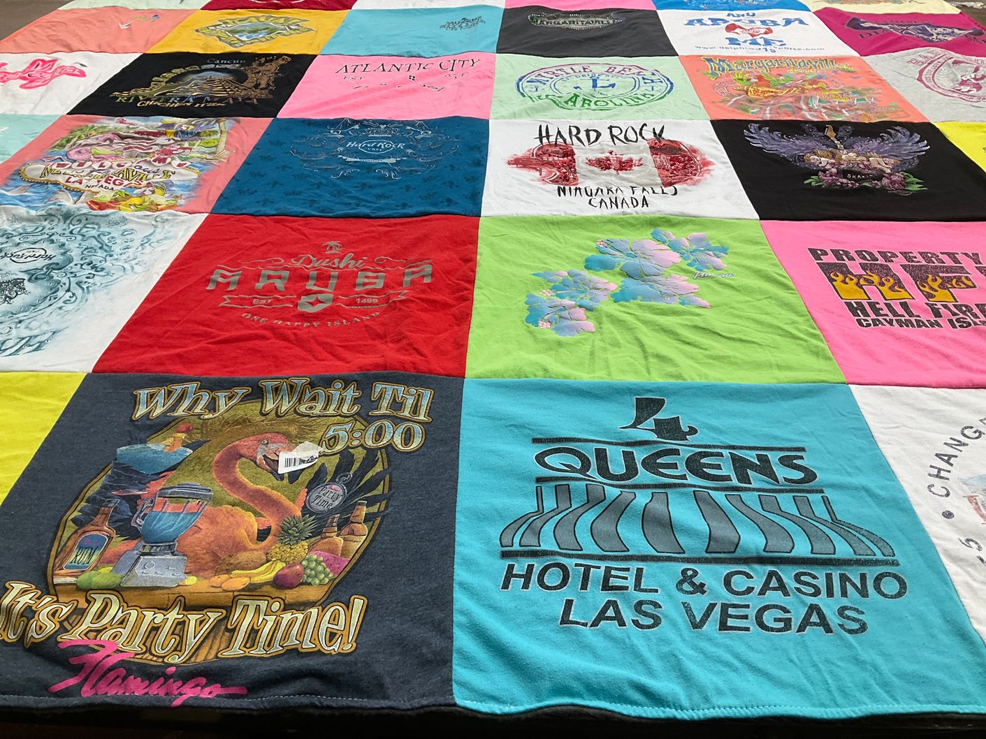 T-shirt quilt with travel, parties themes by Adrienne from PA