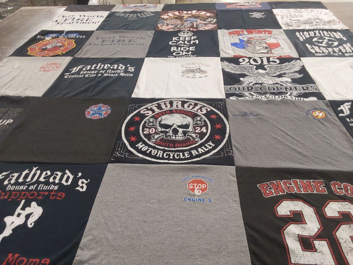 T-shirt quilt with motorcycling, firefighting themes by Rebecca from TX