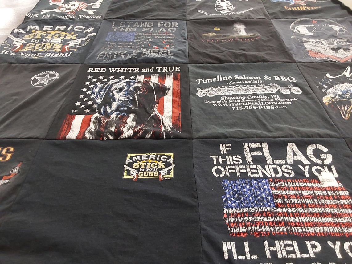 T-shirt quilt with patriotism, motorcycles themes by Rita from MI