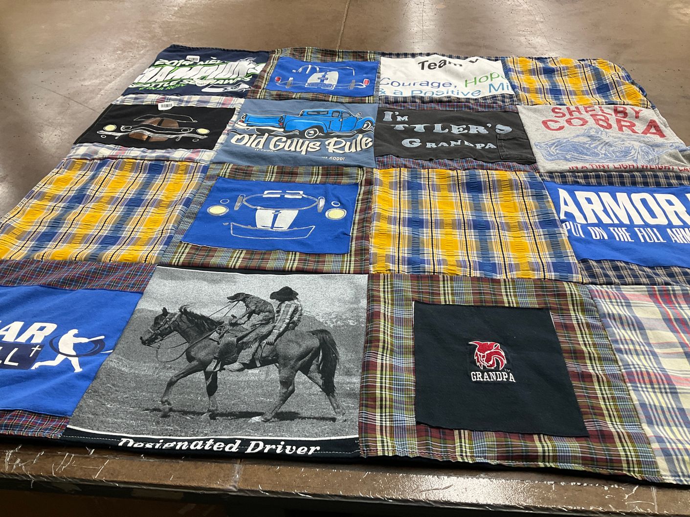 T-shirt quilt with cars, horses themes by CAROL from AZ
