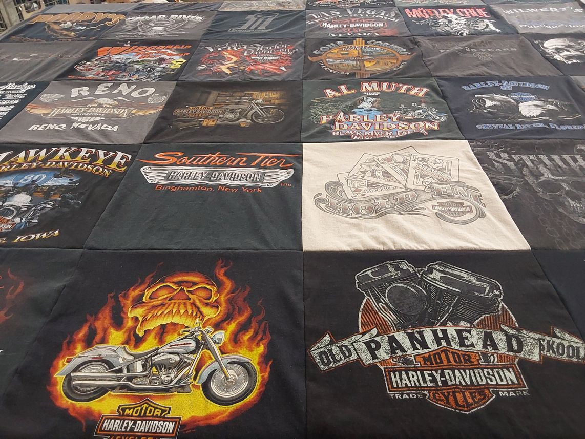 T-shirt quilt with motorcycles, biking themes by Raymond from IA