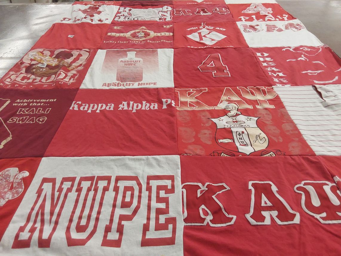 T-shirt quilt with greek life, fraternities themes by Brandi from CA