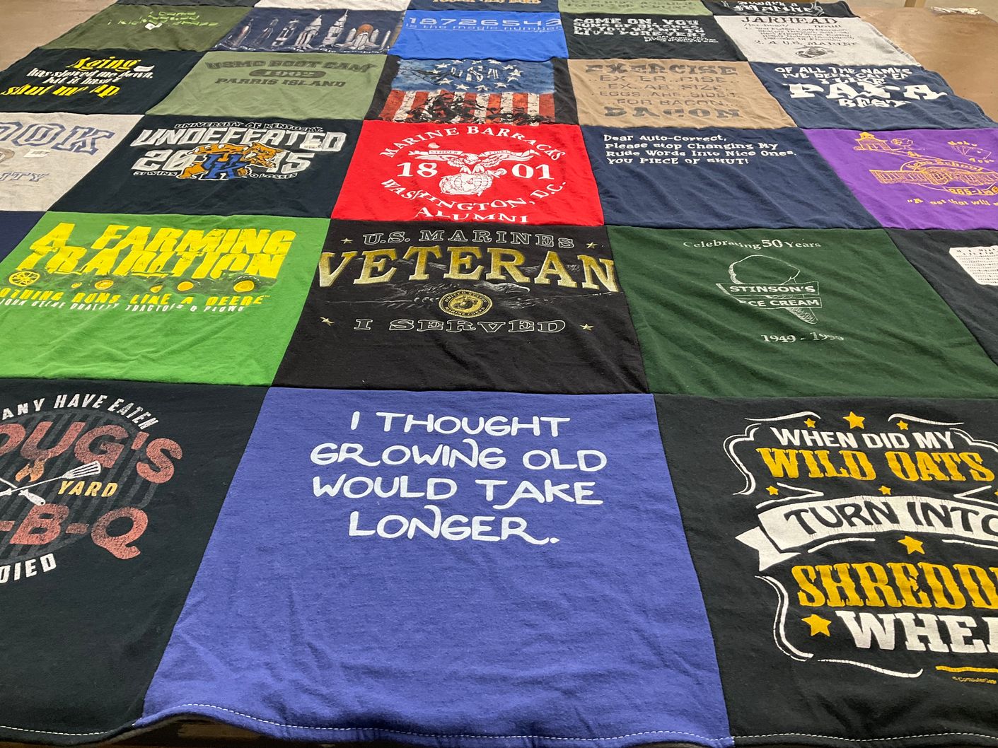 T-shirt quilt with veterans, farming themes by Sandy from MA