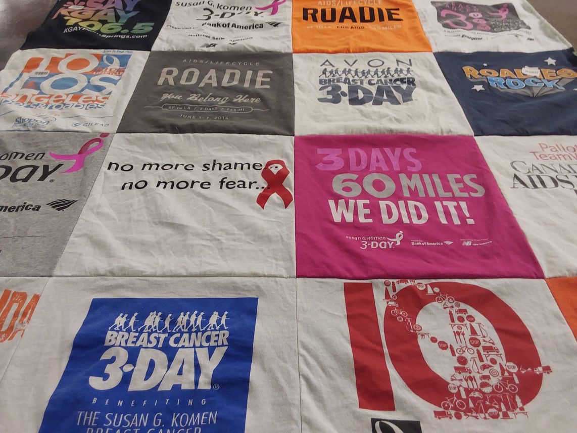 T-shirt quilt with health, awareness themes by Cheryl from LA