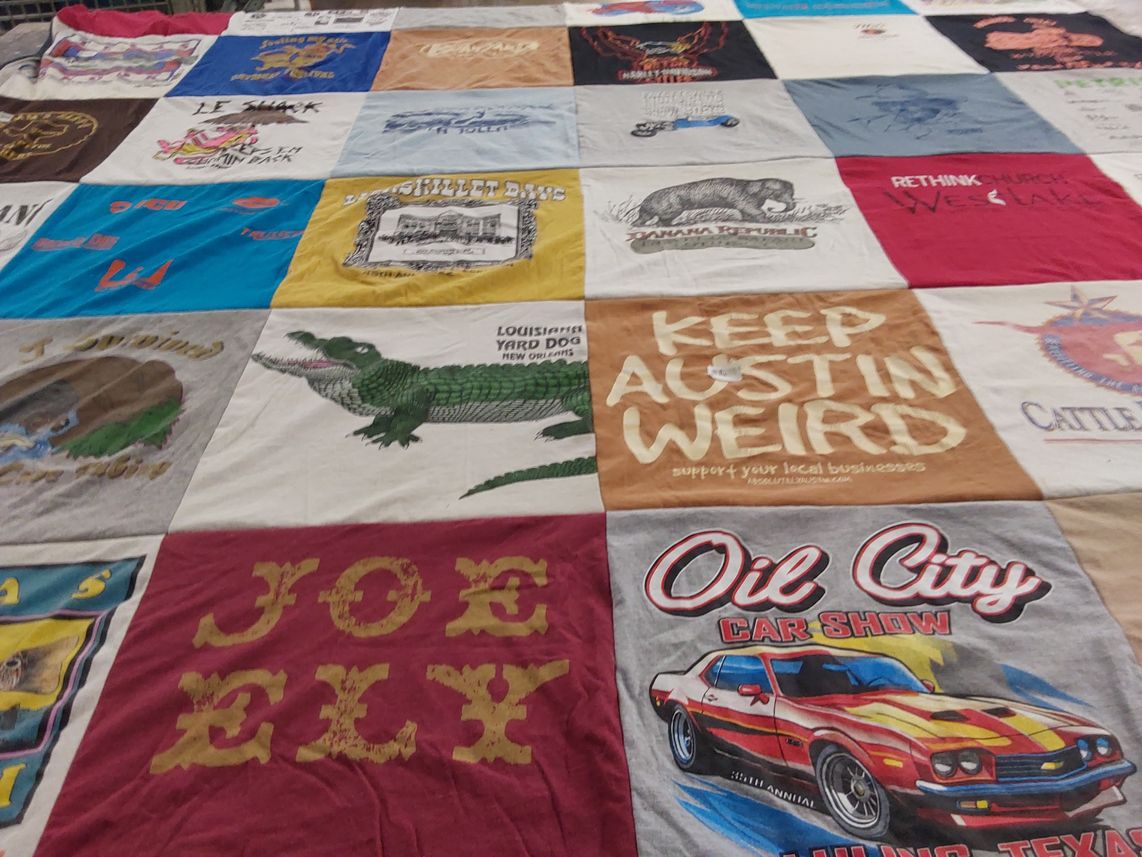T-shirt quilt with local businesses, car shows themes by Martin from TX