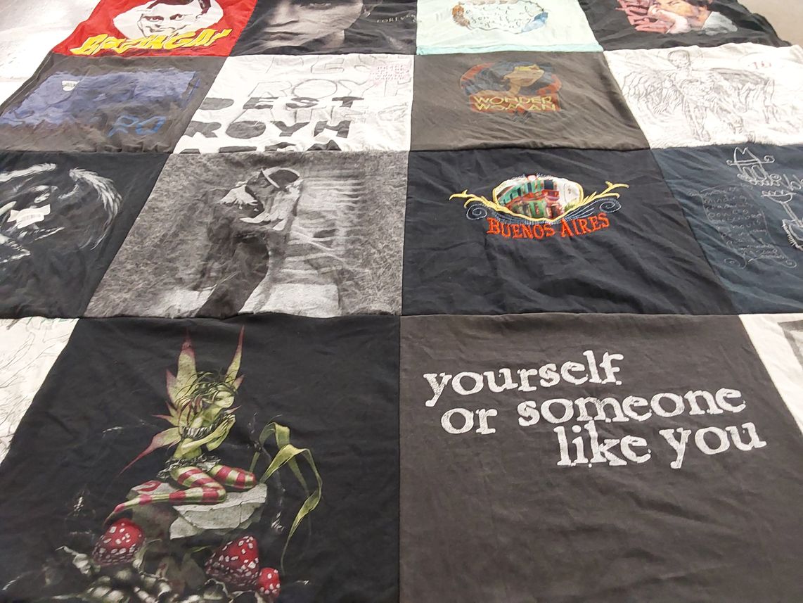 T-shirt quilt with art, travel themes by Patricia from HI
